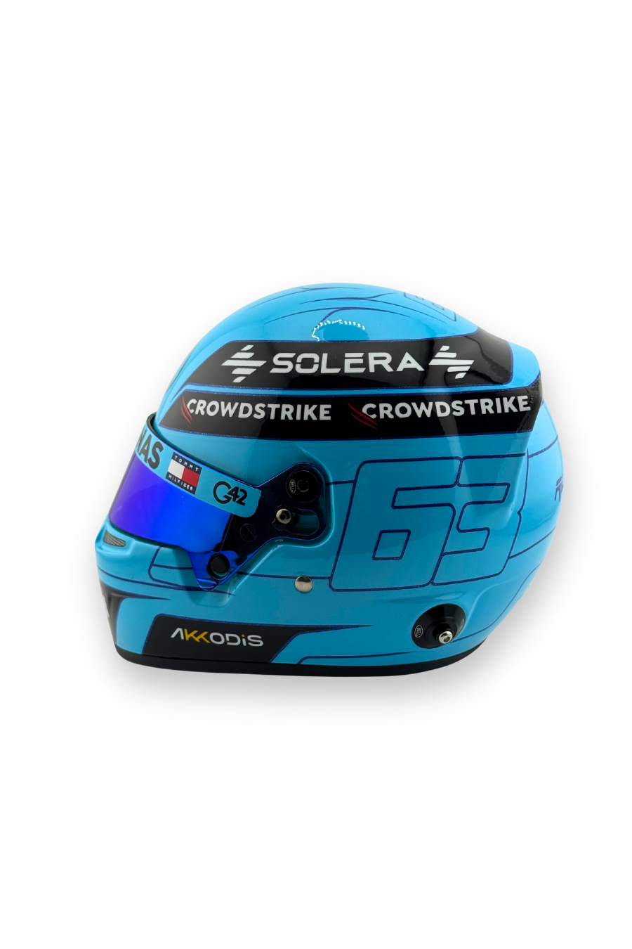 Left side view of George Russell 2023 Mercedes F1 Bell 1:2 Scale Helmet with sponsor logos.