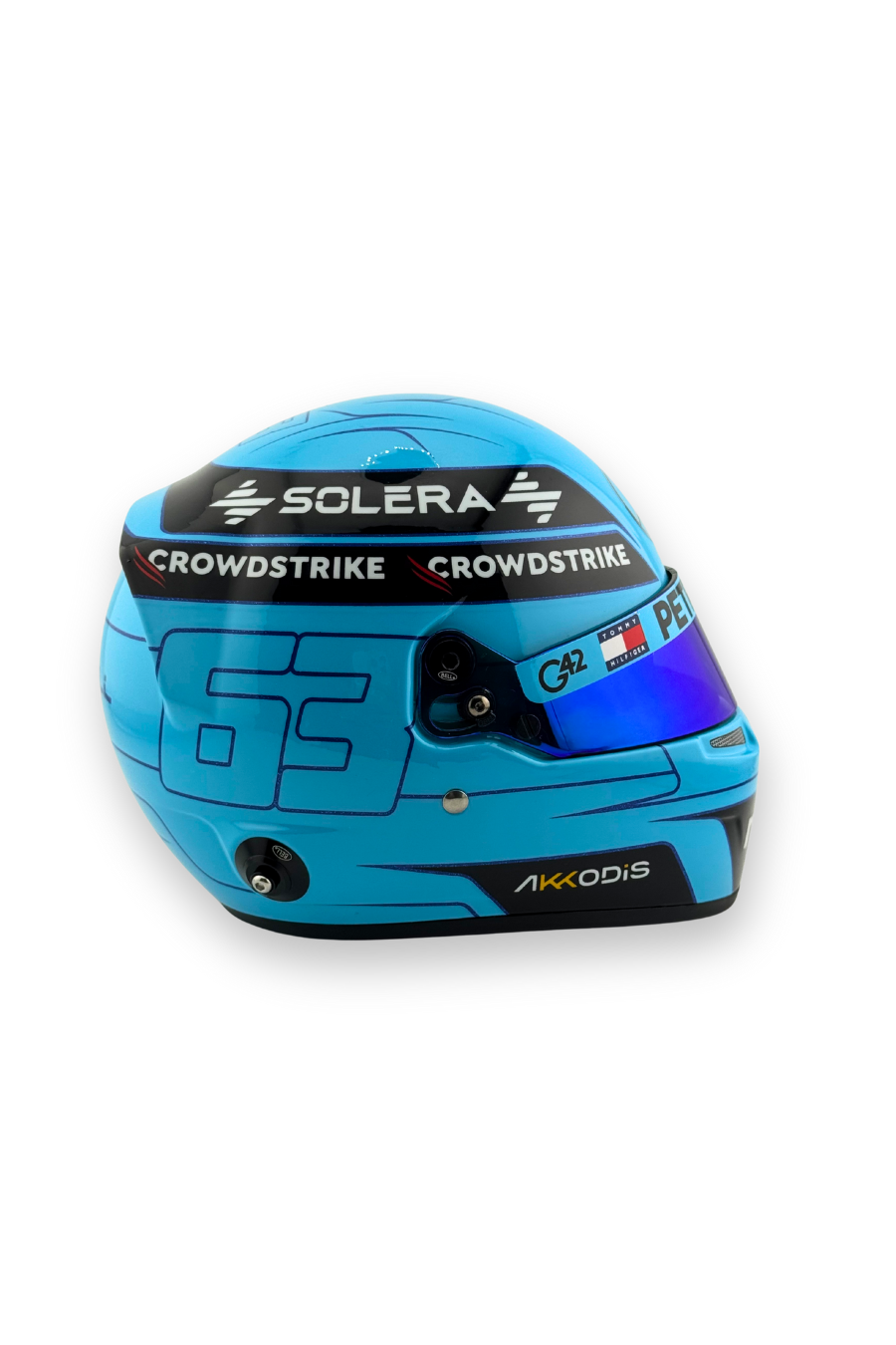 Right side of George Russell 2023 Formula 1 Mercedes-AMG Petronas helmet with #63.