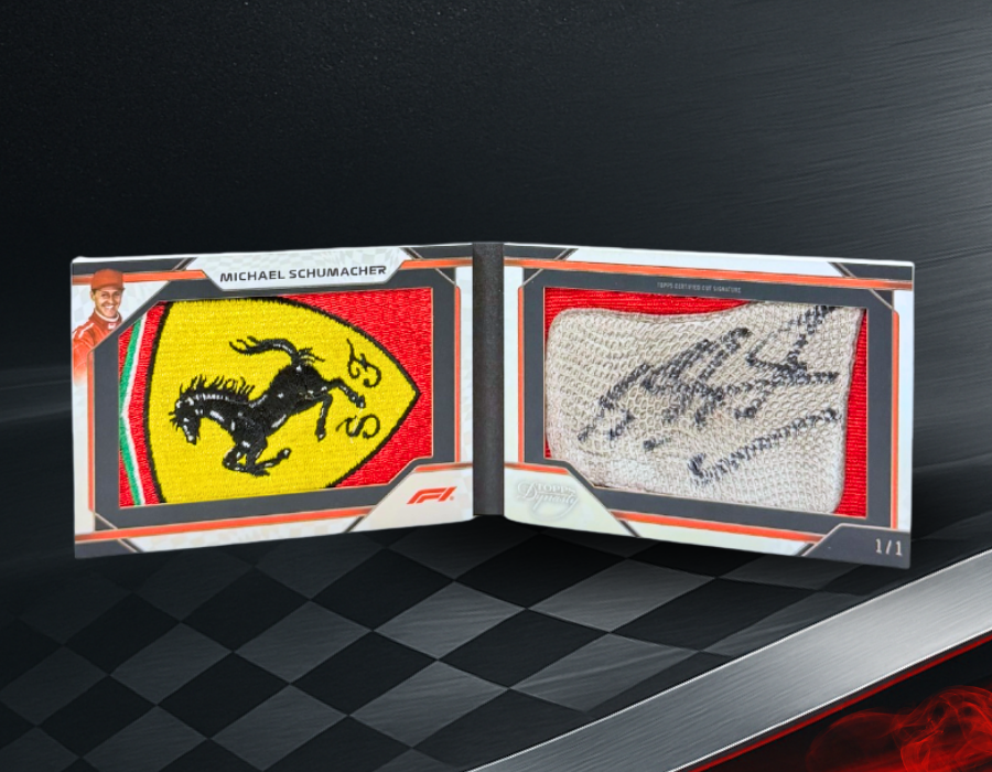 Hero image of 2024 Topps Dynasty Michael Schumacher 1/1 booklet card featuring Ferrari logo patch and autographed relic.