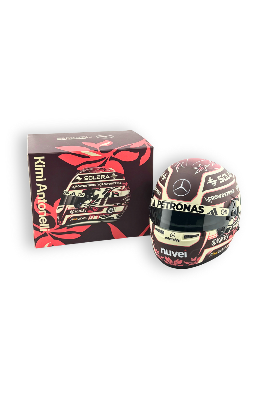Kimi Antonelli 2024 Mercedes F1 1:2 scale Bell helmet with display box, front view.