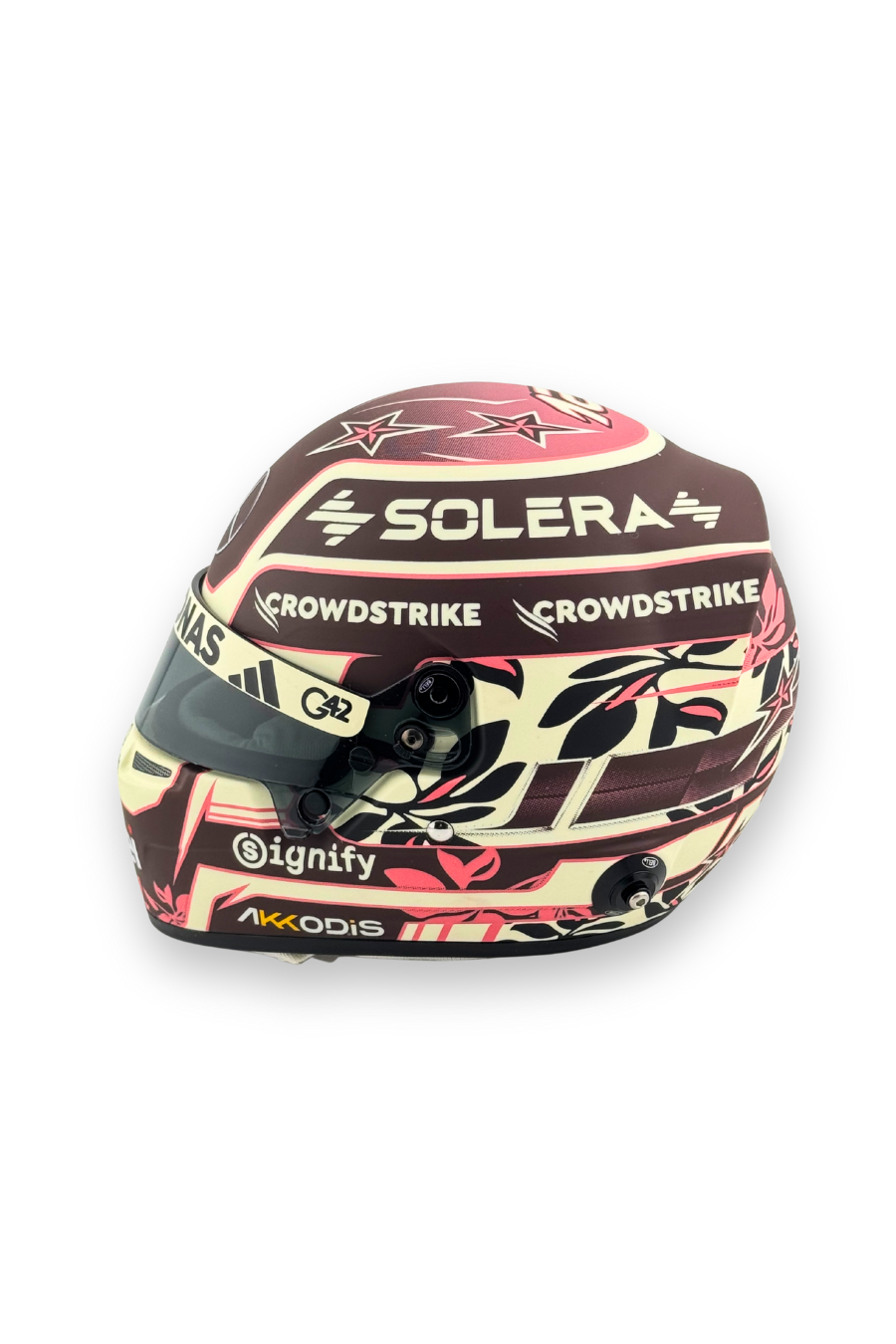 Left side view of Kimi Antonelli 2024 Mercedes F1 1:2 scale Bell helmet with floral and sponsor design.