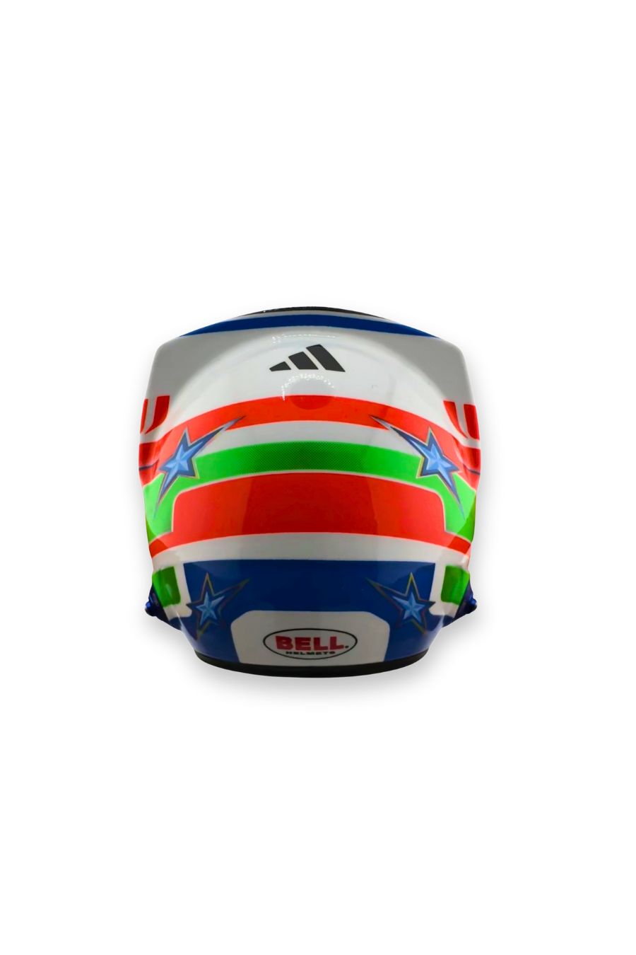 Rear view of Kimi Antonelli Mercedes helmet featuring Bell logo and star details.