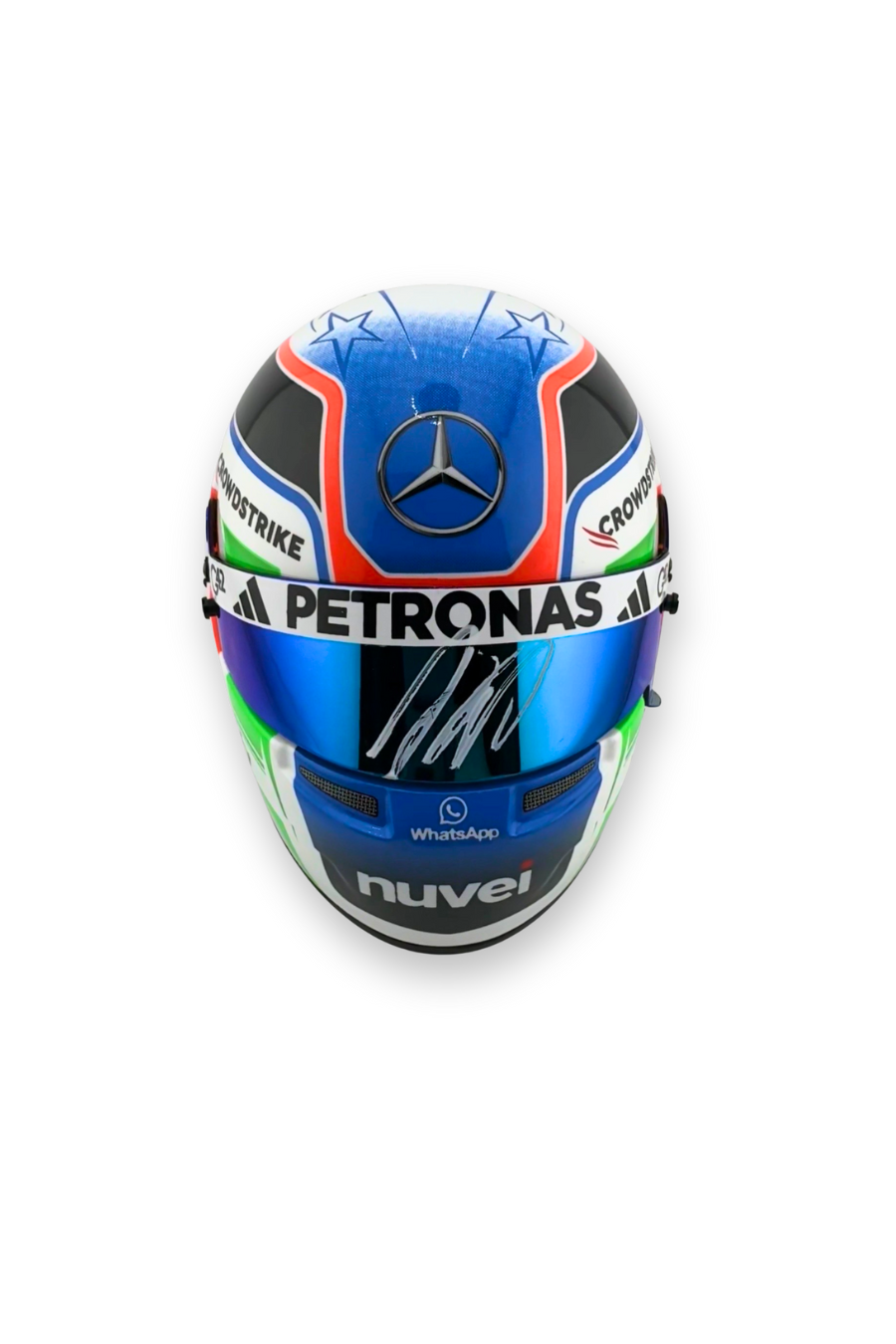 Front view of Kimi Antonelli Mercedes helmet with PETRONAS branding and silver autograph on visor.