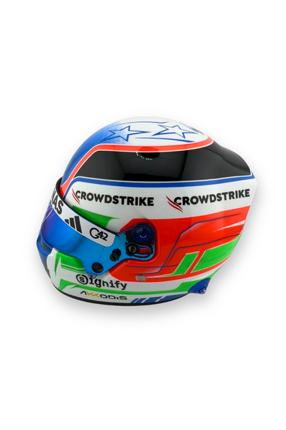 Side profile of Kimi Antonelli Mercedes helmet showing Crowdstrike and Signify sponsors.