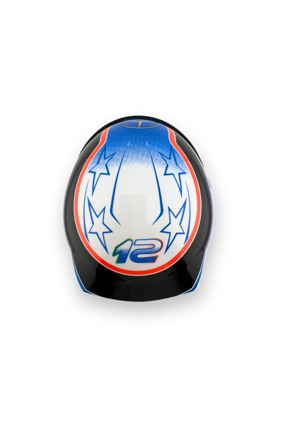 Top-down view of Kimi Antonelli Mercedes helmet with star design and number 12 graphic.