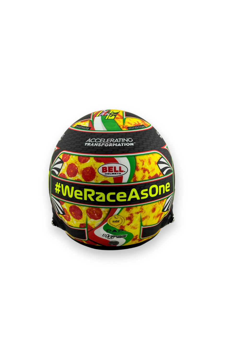 Back view of Lando Norris Italian Pizza Monza 2020 helmet featuring #WeRaceAsOne and Bell logo.