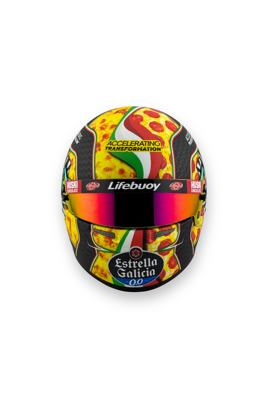 Front view of Lando Norris 2020 Monza Italian Pizza Bell helmet with Estrella Galicia sponsor.