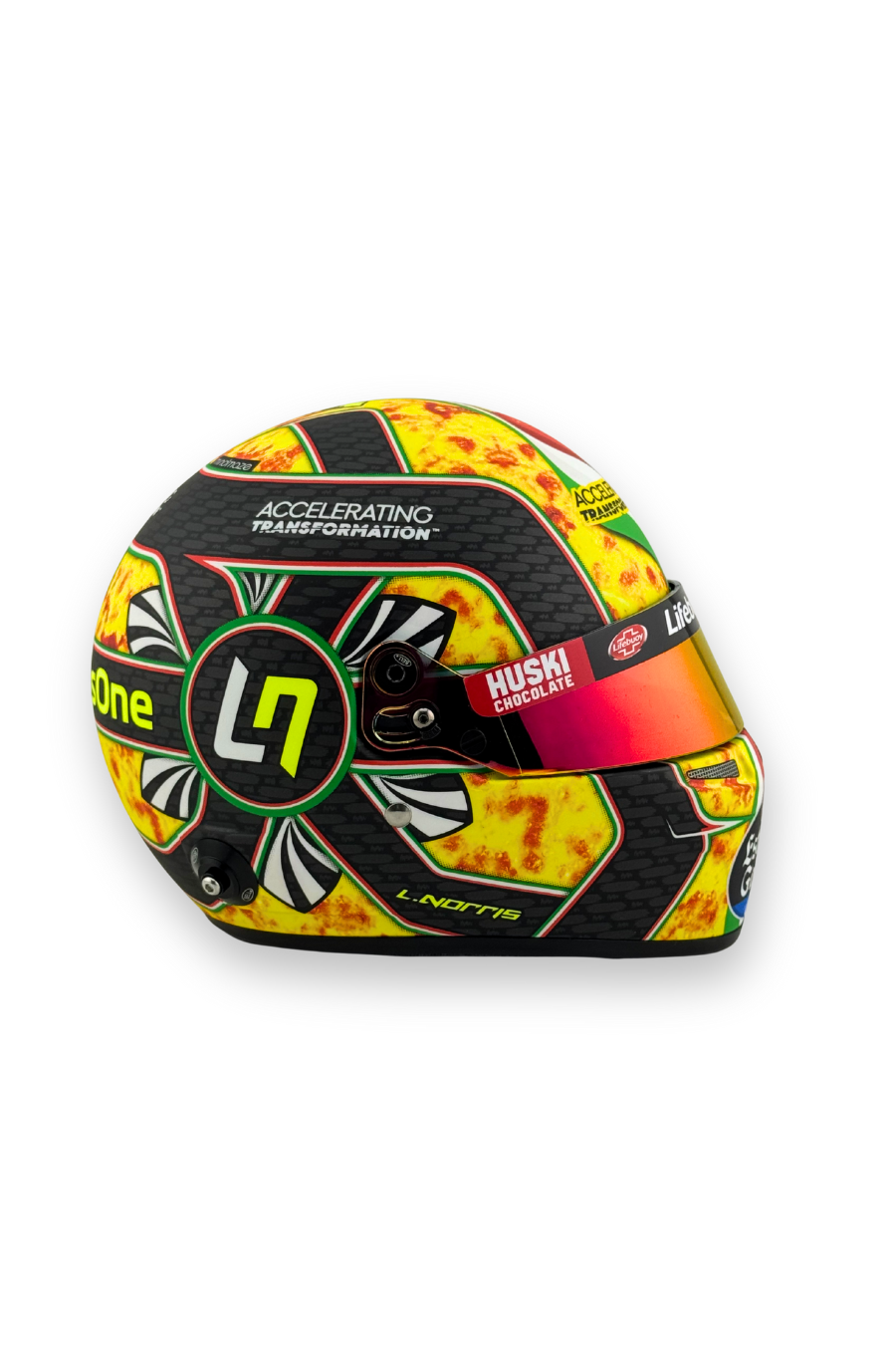 Right side view of Lando Norris Italian Pizza Monza 2020 helmet with colorful pizza pattern.