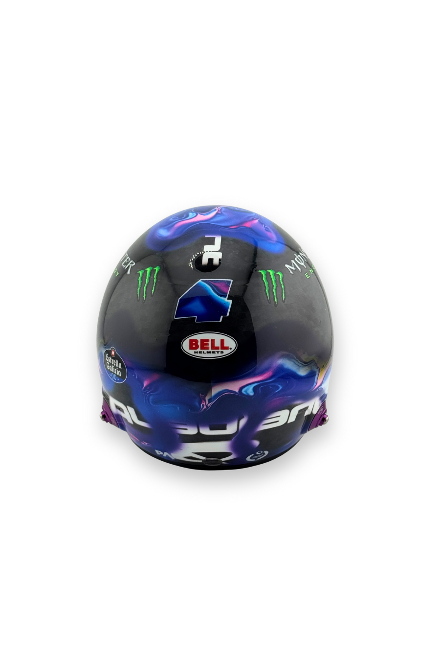 Rear view of Lando Norris 2024 Singapore GP winner 1:2 scale Bell helmet showing Bell logo, race number 4, and sponsor decals.