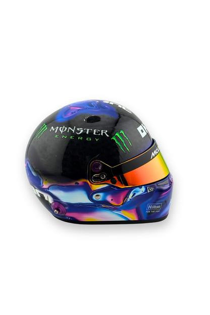 Right-side view of Lando Norris 2024 Singapore GP helmet 1:2 scale showcasing fluid design elements and sponsor decals.