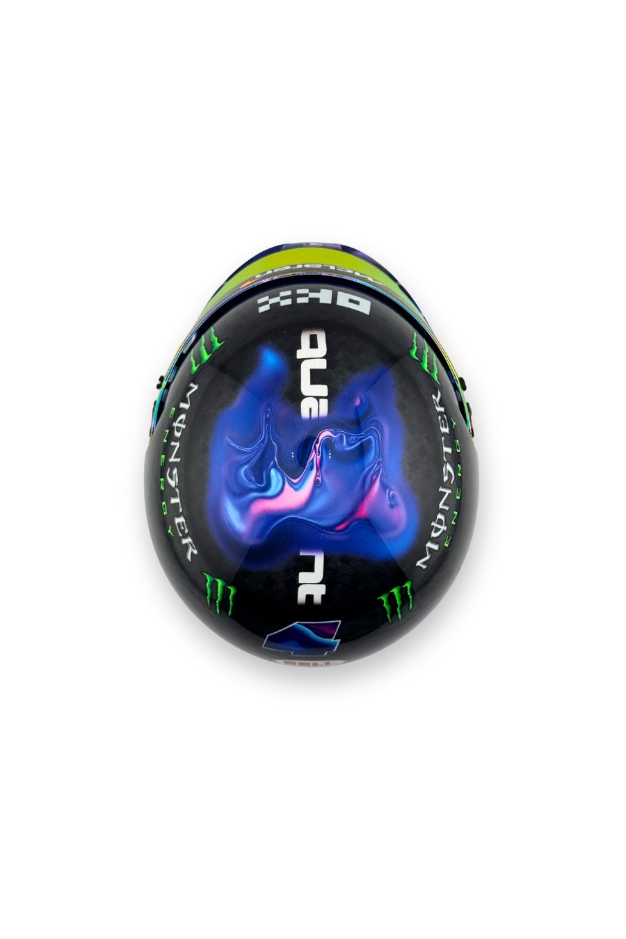 op-down view of Lando Norris 2024 Singapore GP winner helmet showing #4 and geometric fluid pattern.