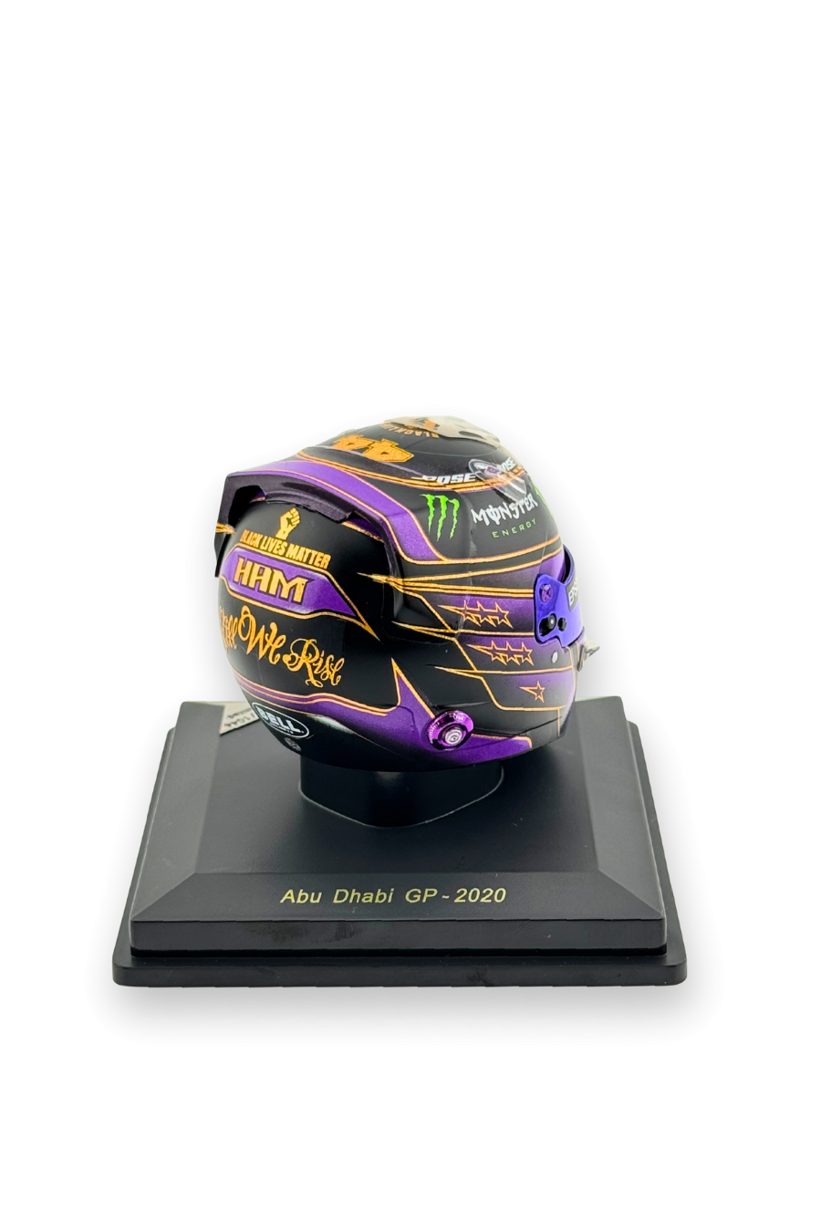Rear view of Lewis Hamilton 2020 Abu Dhabi GP Spark helmet showing Black Lives Matter fist and “Still We Rise” message.