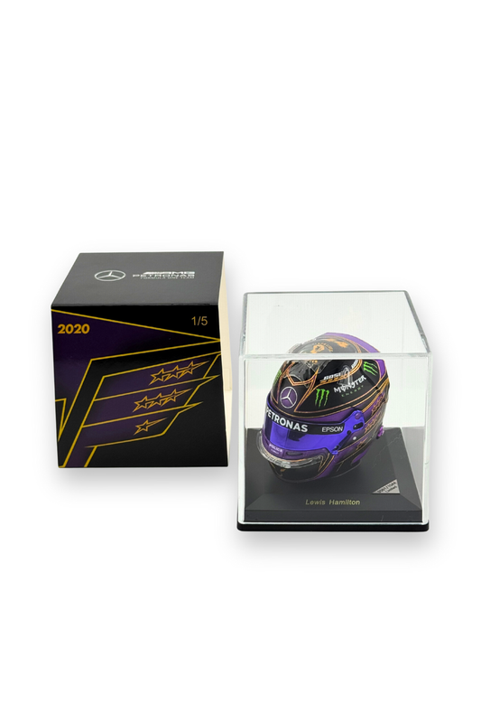 Lewis Hamilton 2020 Abu Dhabi GP 1:5 scale Spark helmet with original display case and limited edition box.