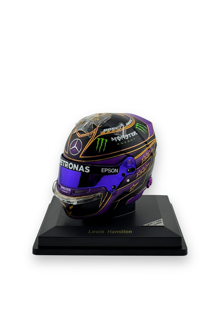 Front view of Lewis Hamilton 2020 Abu Dhabi GP 1:5 scale Spark helmet with Mercedes and Petronas logos.