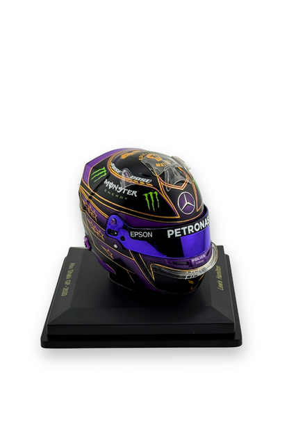 Right side view of Lewis Hamilton 2020 Abu Dhabi GP Spark helmet with Petronas and Mercedes star design.