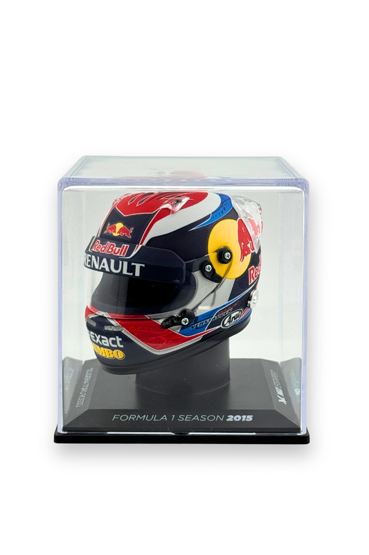 Front display of Max Verstappen 2015 Red Bull Renault helmet in case with season 2015 box.