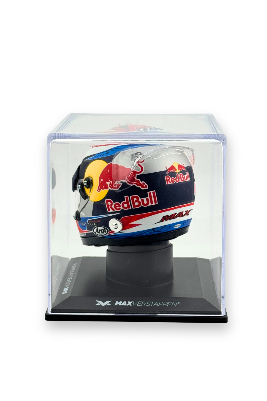 Left side view of Max Verstappen 2015 Red Bull Renault 1:4 scale helmet with Renault and Red Bull logos.