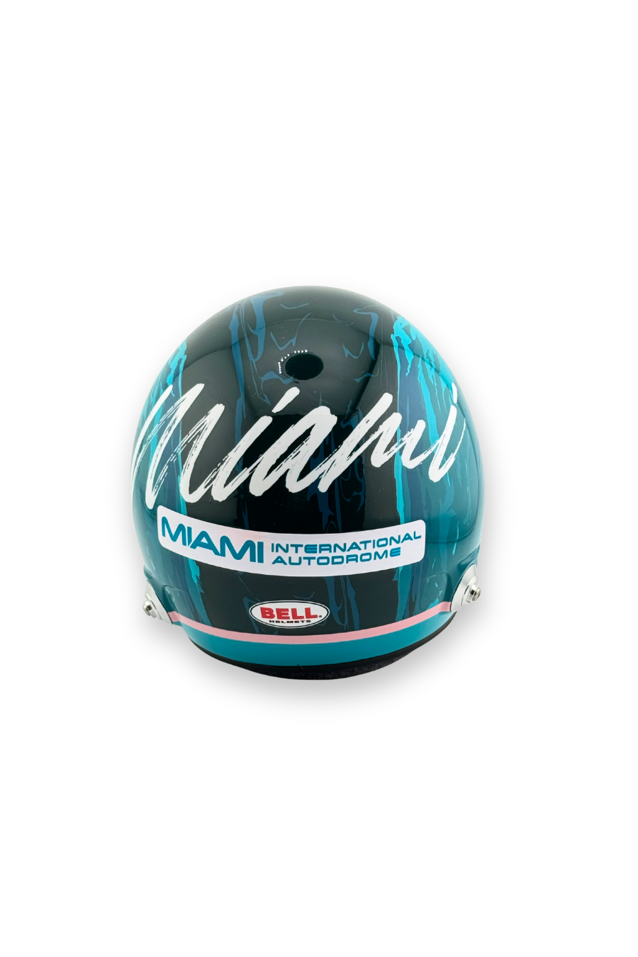 Rear view of 2024 Miami GP Paddock Club Bell 1:2 scale mini helmet with Miami International Autodrome branding.