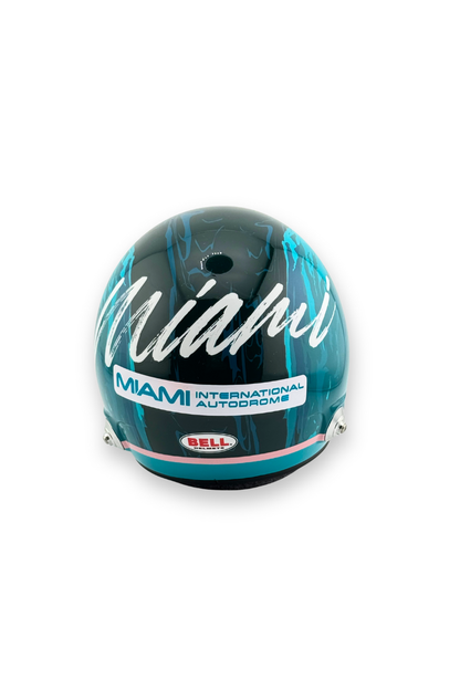 Rear view of 2024 Miami GP Paddock Club Bell 1:2 scale mini helmet with Miami International Autodrome branding.