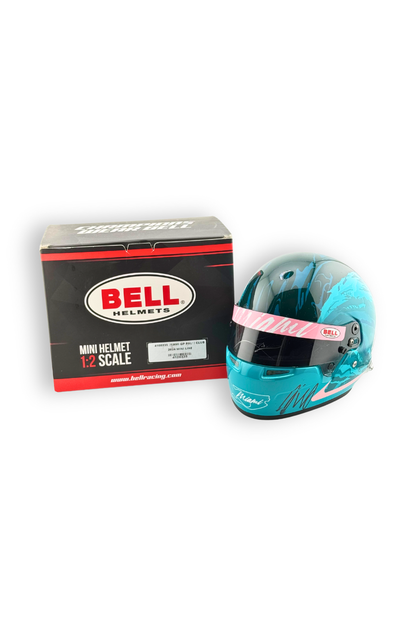 2024 Miami GP Paddock Club exclusive Bell 1:2 scale mini helmet with display box, front view.