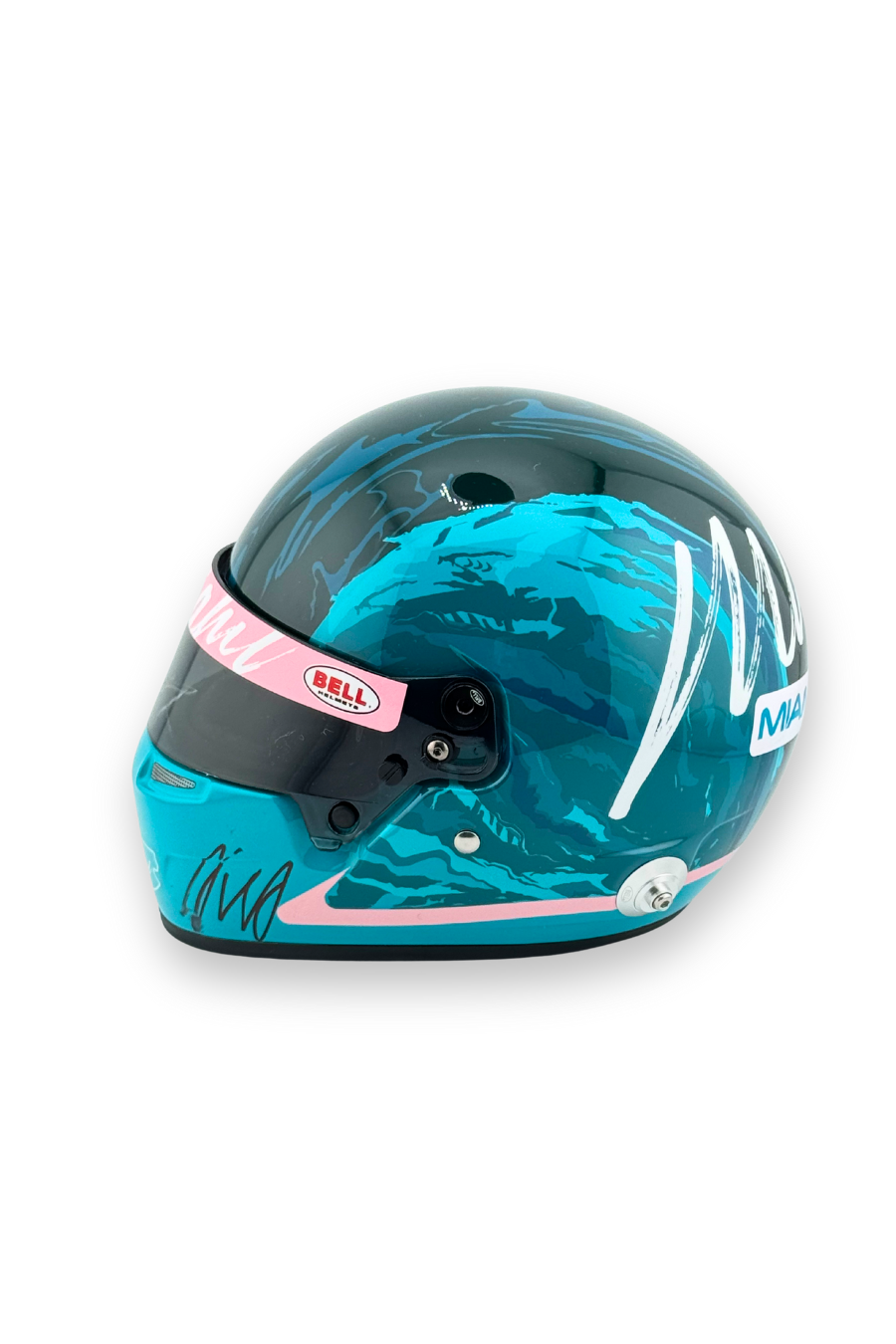 Left side view of 2024 Miami GP Paddock Club Bell 1:2 scale mini helmet with Miami script and Bell logo.