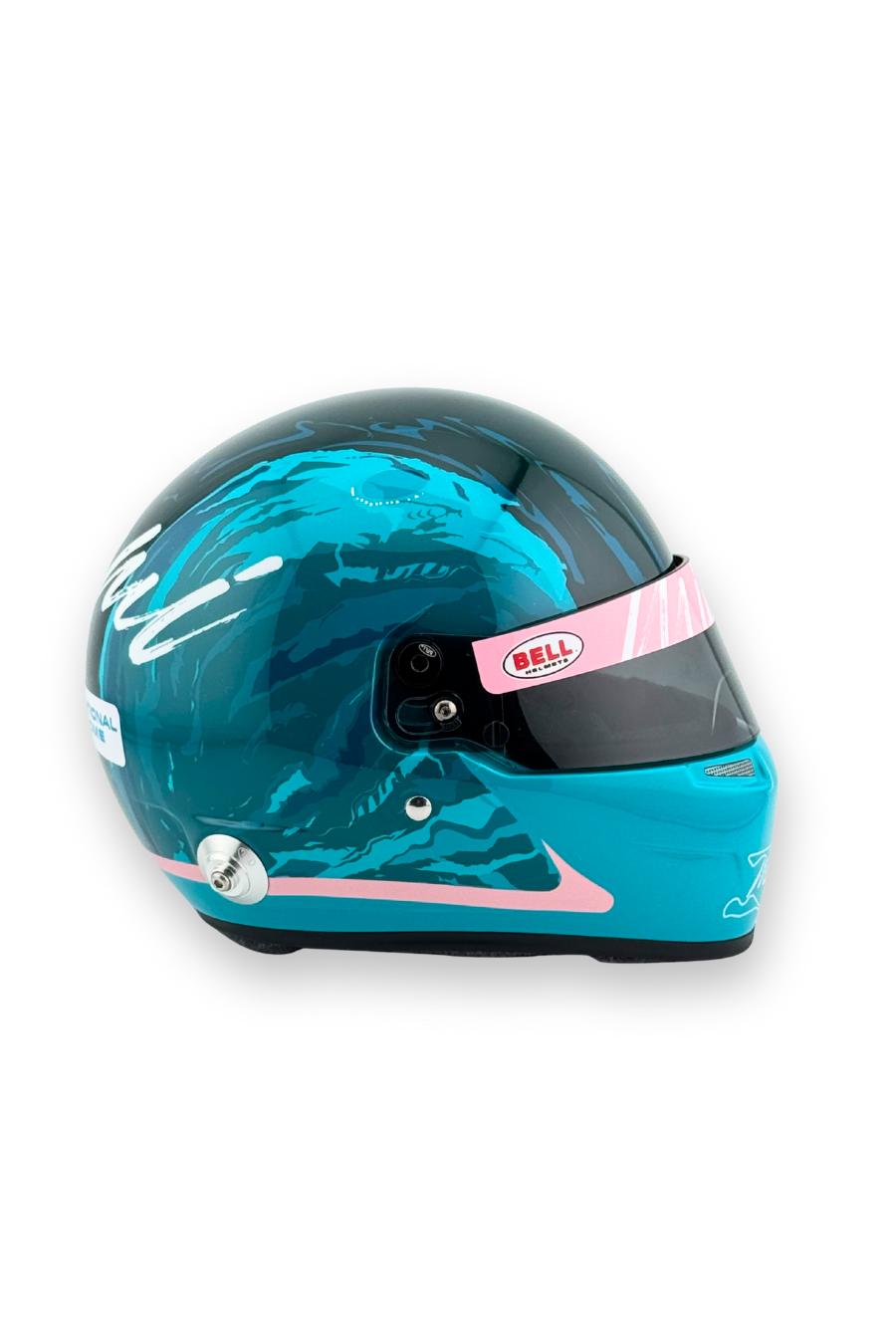 Right side view of 2024 Miami GP Paddock Club Bell helmet, featuring teal, black, and pink Miami design.