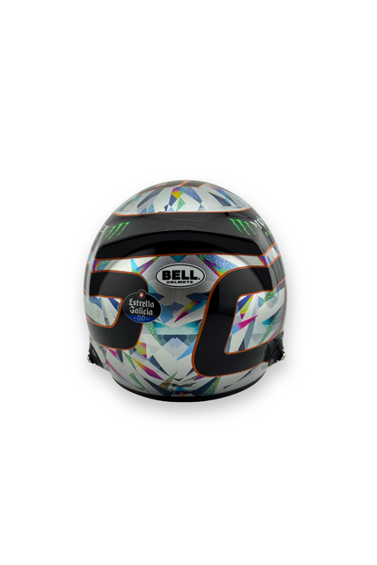 Rear view of Oscar Piastri 2024 Singapore GP 1:2 scale Bell helmet showing Bell logo and Estrella Galicia sponsor.