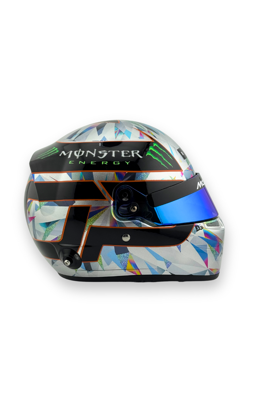 Right side of Oscar Piastri 2024 Singapore GP Bell helmet in 1:2 scale showing geometric chrome details and sponsor logos.