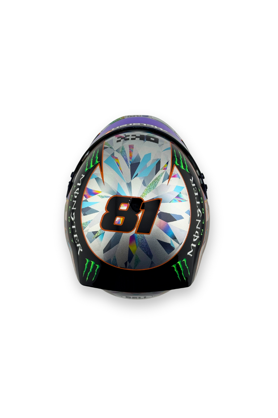 Top view of Oscar Piastri 2024 Singapore GP 1:2 scale Bell helmet with number 81 and multicolor chrome geometric pattern.