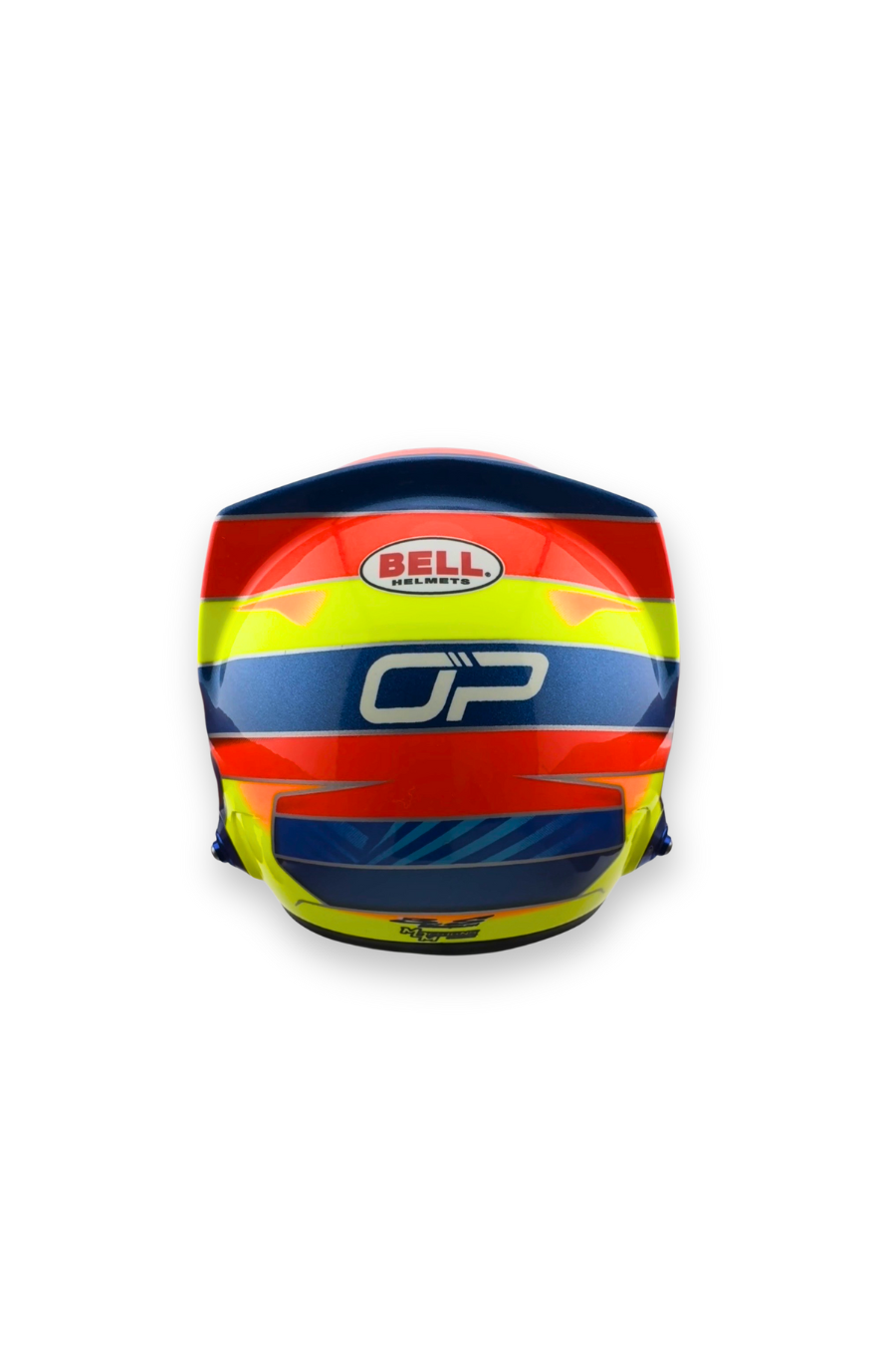 Oscar Piastri 2023 1:2 scale helmet, back view with OP initials and Bell logo