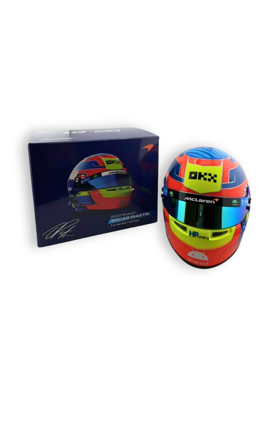 Oscar Piastri 2023 1:2 scale helmet with display box, front view