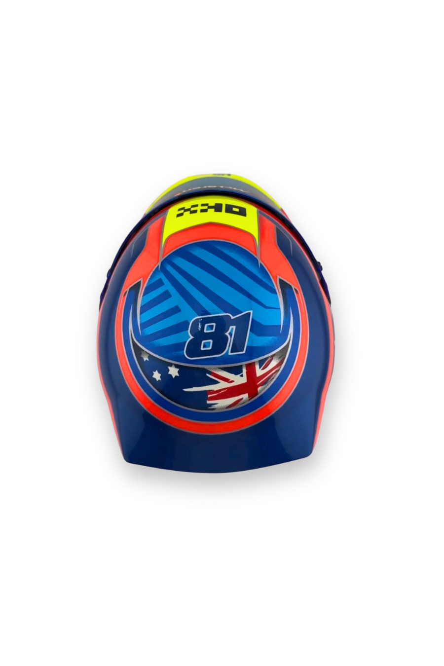 Oscar Piastri 2023 1:2 scale helmet, top view showing #81 and flag